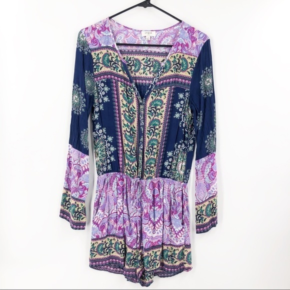 ✅ Umgee Sz S Colorful Scarf Print Romper Floral Long Sleeve Elastic Waist Boho - Picture 1 of 7